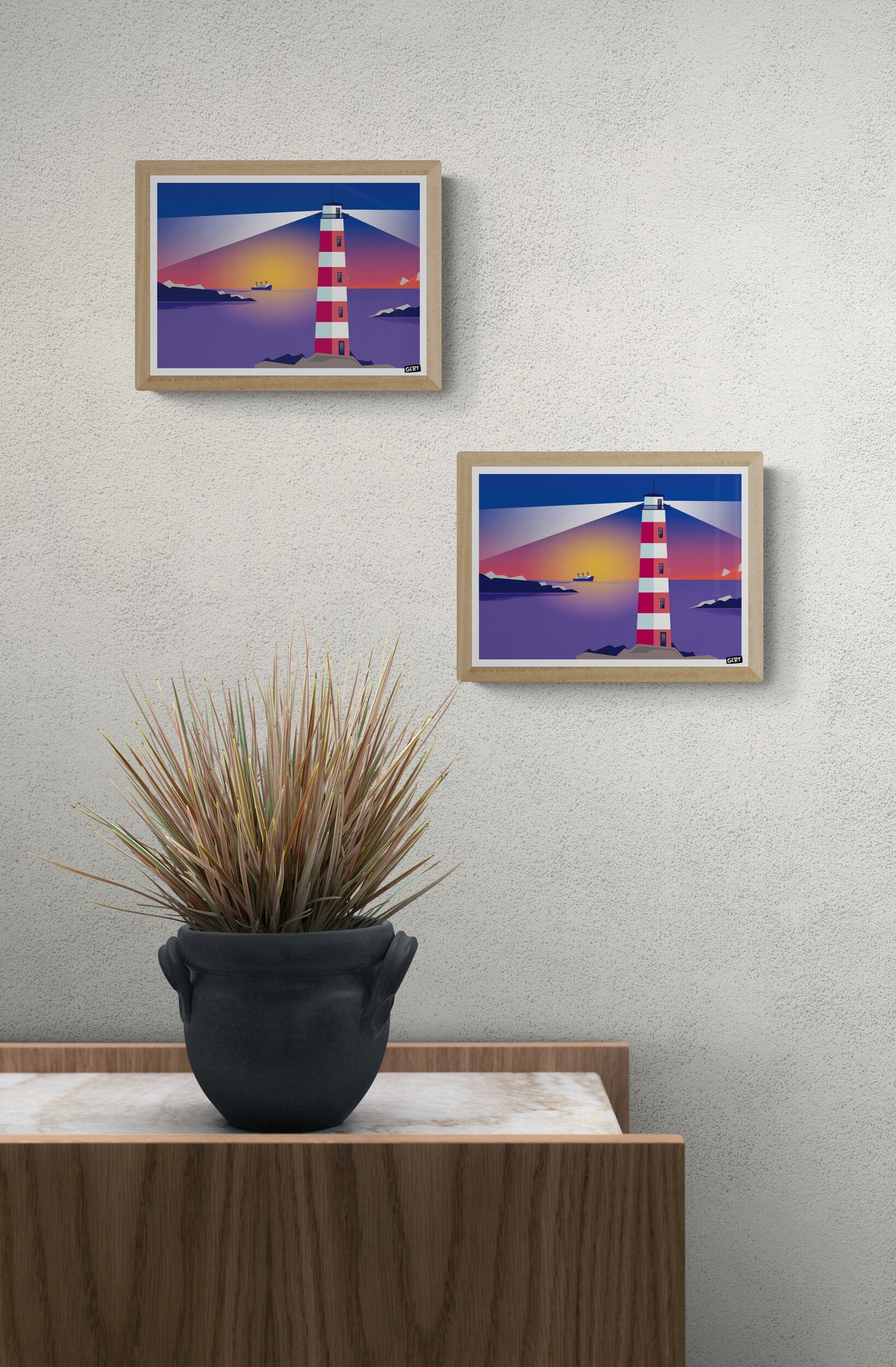 Lighthouse 2 by Gert Paenen, colorful lighthouse art print featuring a red and white striped lighthouse overlooking a calm sea at sunset, modern coastal wall art in vibrant blue, pink, purple and orange tones, digital illustration for contemporary home decor.