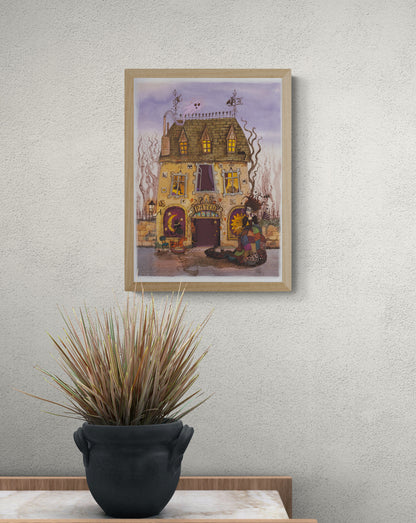 Whimsical folklore-inspired illustration of a magical townhouse filled with cats, ghostly figures, and a patchwork-dressed character. Detailed fantasy giclée print in soft purple, beige, orange, and black tones, vertical wall art for cozy home decor.