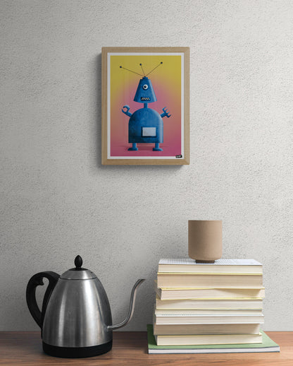 Robot 1 art print by Gert Paenen featuring a blue retro robot character on a vibrant yellow and pink background, contemporary illustration print for modern wall decor, creative workspace art, and playful home decoration.