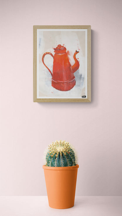Red coffee pot illustration art print by Gert Paenen on textured neutral background, expressive contemporary kitchen wall art with bold warm colors and painterly details.