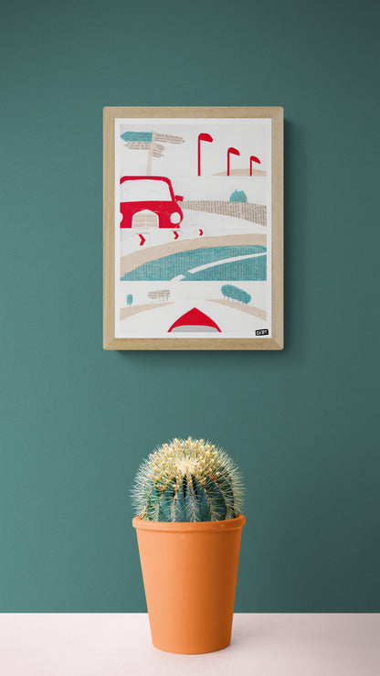 Travel by Gert Paenen digital art print featuring a stylized road journey with a red car, graphic signposts, curved roadway, and collage-inspired landscape elements. Contemporary travel wall art print for modern home decor and creative interiors.