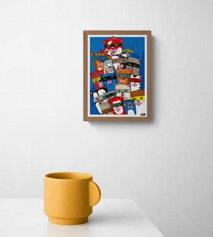 Colorful Cat Gang digital art print by Belgian illustrator Gert Paenen featuring a group of playful masked cats with bright green eyes against a deep blue background, contemporary graphic wall art for modern interiors.