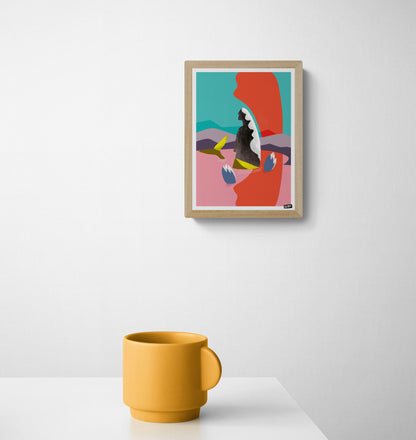 Mermaids 1 by Gert Paenen, colorful contemporary digital art print featuring a mysterious female silhouette in a surreal landscape with vibrant pink, turquoise, orange and purple tones, modern illustration wall art for contemporary interiors.