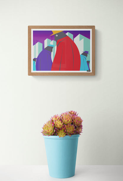Against the Stream by Gert Paenen, colorful digital art print featuring abstract geometric figures walking through a modern cityscape in bold red, purple, turquoise, and black tones.