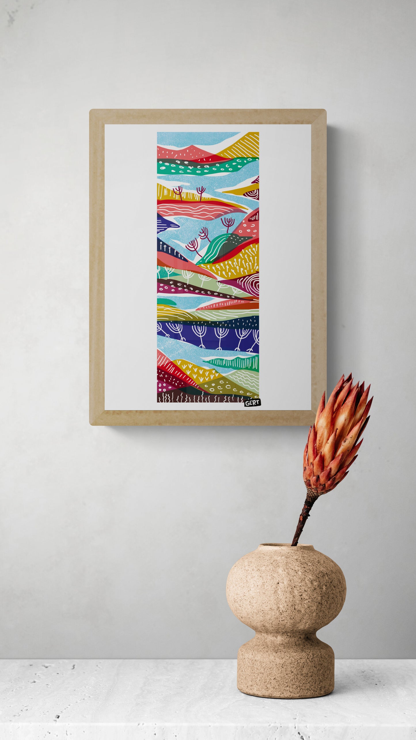 Landscape 2 by Gert Paenen, colourful abstract landscape art print featuring layered hills, stylised trees, flowing shapes and vibrant graphic patterns in blue, red, green, yellow and purple tones, contemporary wall art for modern interiors.