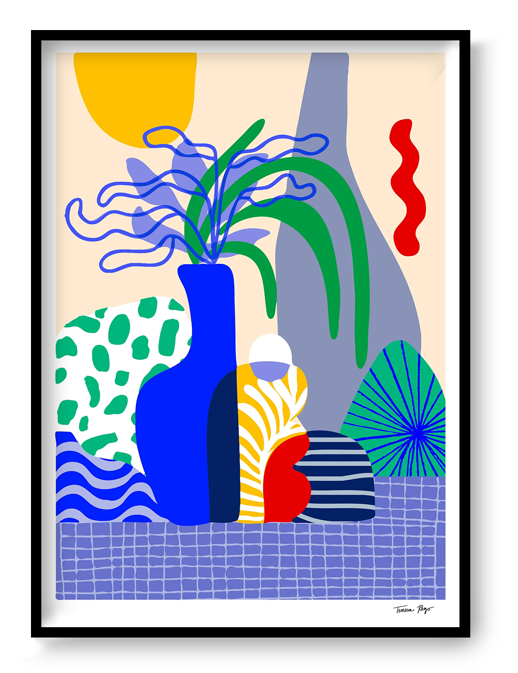 Vertical A3 giclée art print by Teresa Rego featuring a cobalt blue vase, patterned vessels and green leaves in a bold contemporary style, ideal for colourful living room wall decor.