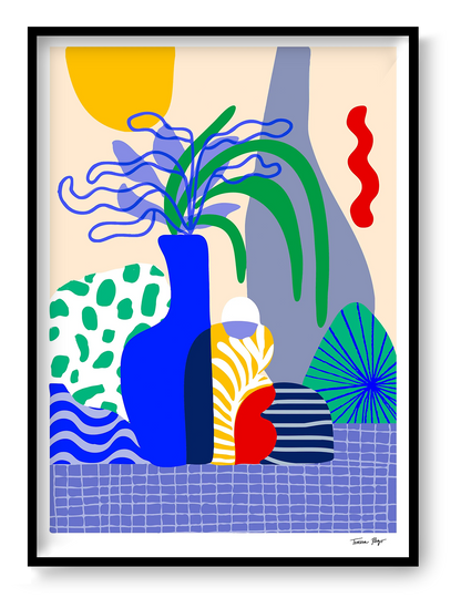 Vertical A3 giclée art print by Teresa Rego featuring a cobalt blue vase, patterned vessels and green leaves in a bold contemporary style, ideal for colourful living room wall decor.