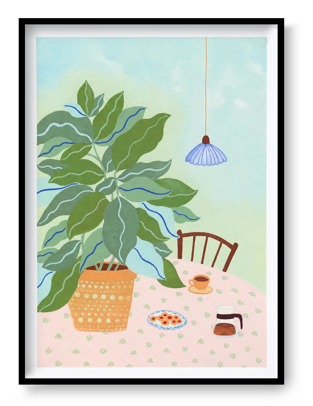 A3 illustration "Coffee Plant" by Leens showing a large leafy plant in a yellow pot, a table with a pink floral cloth, coffee cup, cookies, and carafe. Ideal for cozy kitchen or slow living decor.