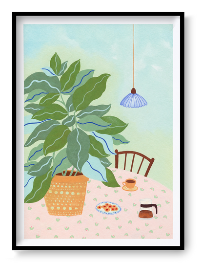 A3 illustration "Coffee Plant" by Leens showing a large leafy plant in a yellow pot, a table with a pink floral cloth, coffee cup, cookies, and carafe. Ideal for cozy kitchen or slow living decor.