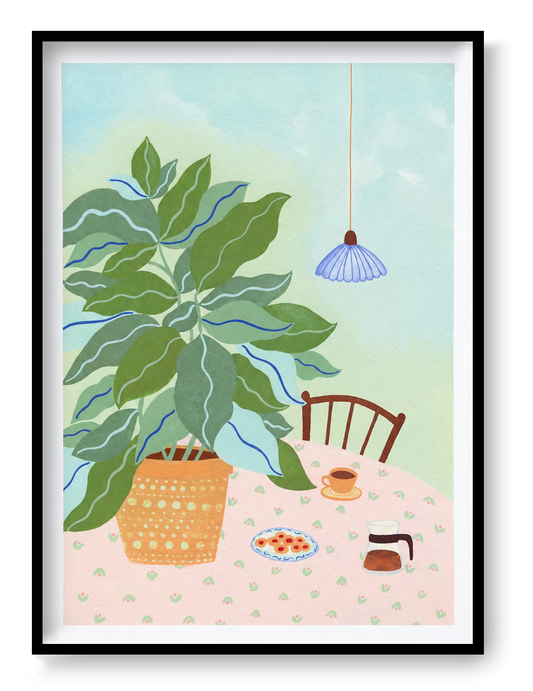 A3 illustration "Coffee Plant" by Leens showing a large leafy plant in a yellow pot, a table with a pink floral cloth, coffee cup, cookies, and carafe. Ideal for cozy kitchen or slow living decor.