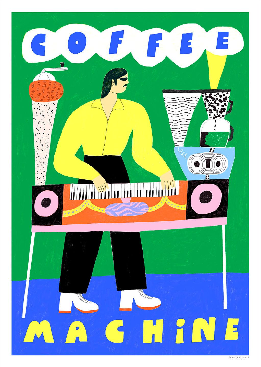 Colourful retro illustration of a moustached man playing a coffee machine keyboard, with bright green, yellow and blue tones. Vertical giclée art print by Dans les Dents, ideal for playful kitchen wall decor.