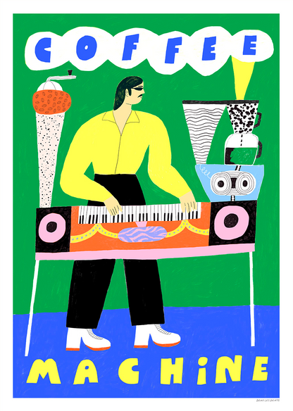 Colourful retro illustration of a moustached man playing a coffee machine keyboard, with bright green, yellow and blue tones. Vertical giclée art print by Dans les Dents, ideal for playful kitchen wall decor.