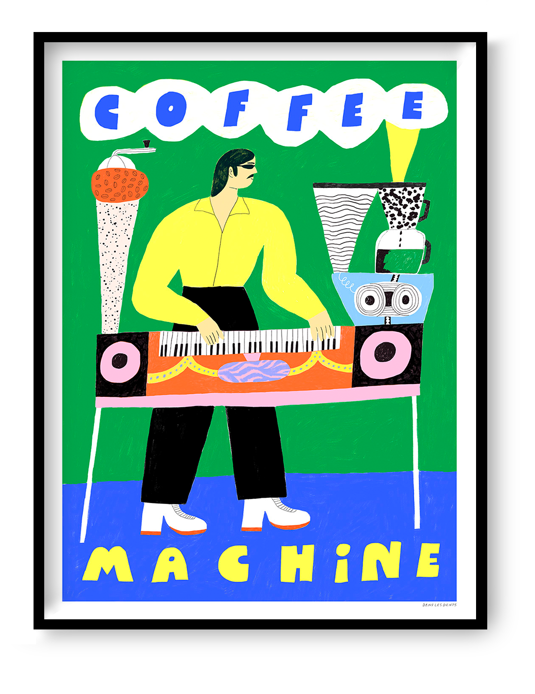 Colourful retro illustration of a moustached man playing a coffee machine keyboard, with bright green, yellow and blue tones. Vertical giclée art print by Dans les Dents, ideal for playful kitchen wall decor.