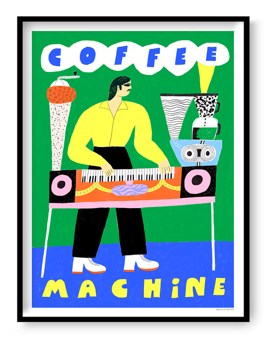 Colourful retro illustration of a moustached man playing a coffee machine keyboard, with bright green, yellow and blue tones. Vertical giclée art print by Dans les Dents, ideal for playful kitchen wall decor.