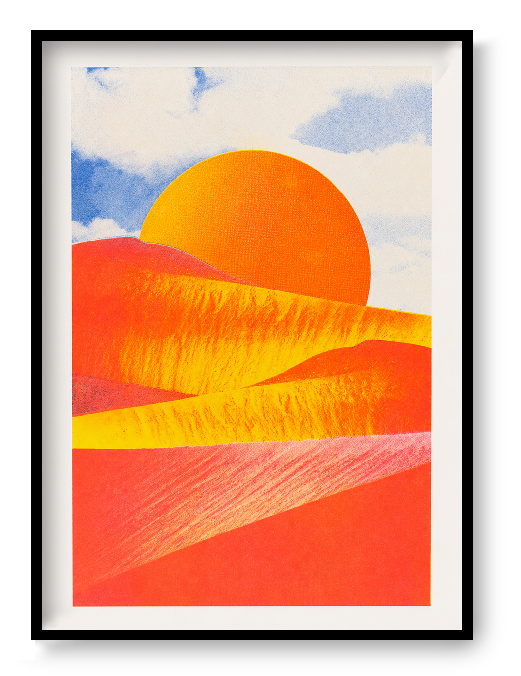Abstract desert landscape risograph print by PTRVRKD, featuring vibrant orange and coral dunes, a golden sun, and a soft blue sky. Vertical A4 artwork for colorful modern wall decor.
