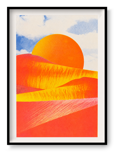 Abstract desert landscape risograph print by PTRVRKD, featuring vibrant orange and coral dunes, a golden sun, and a soft blue sky. Vertical A4 artwork for colorful modern wall decor.