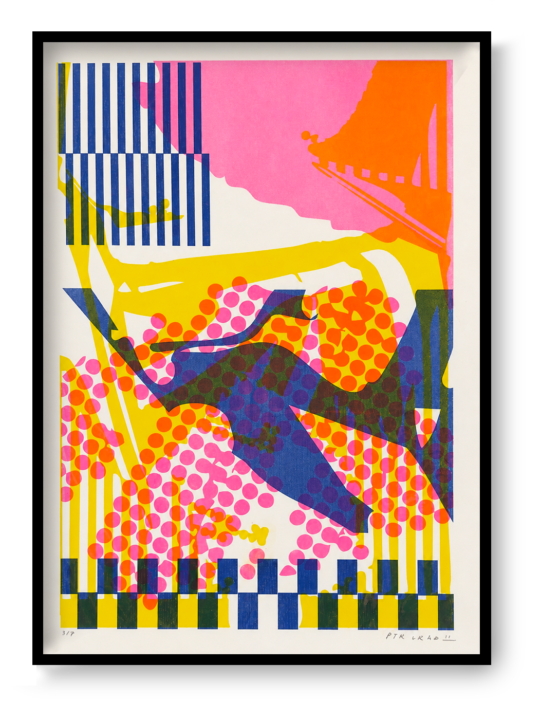 Colorful Collage 2 by PTRVRKD, vertical A3 risograph print with overlapping pink, yellow, orange and blue shapes, dots and stripes, bold abstract wall art for colorful contemporary interiors.
