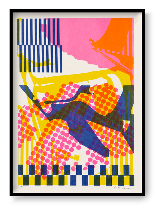 Colorful Collage 2 by PTRVRKD, vertical A3 risograph print with overlapping pink, yellow, orange and blue shapes, dots and stripes, bold abstract wall art for colorful contemporary interiors.