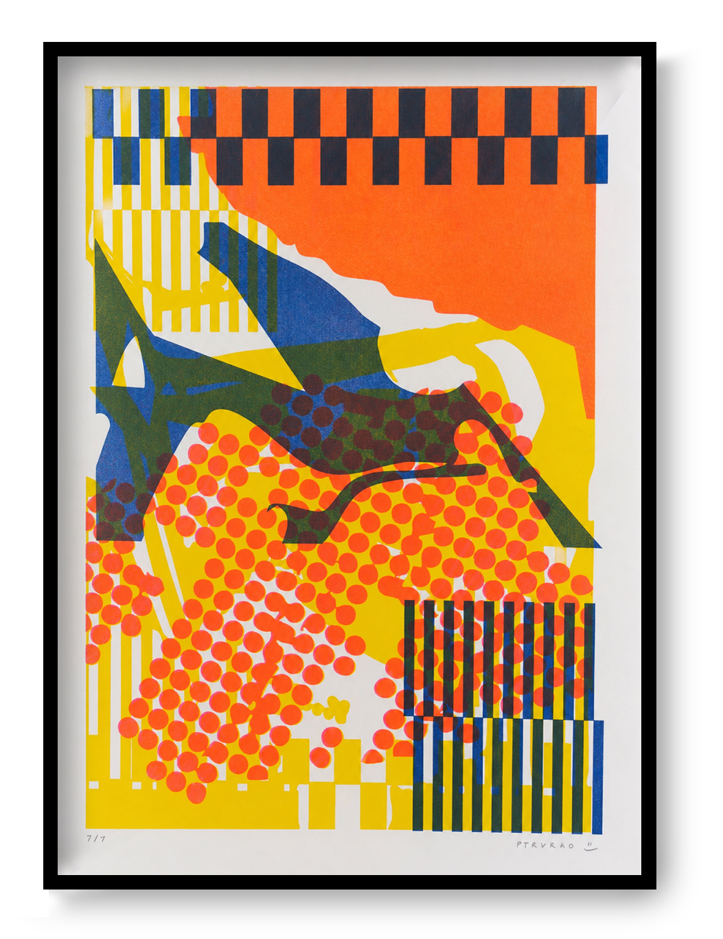 Colorful Collage 3 by PTRVRKD, vertical A3 risograph print with layered orange, yellow, blue and dark green abstract shapes, graphic patterns and bold contemporary color for modern wall decor.