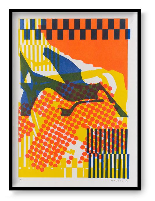 Colorful Collage 3 by PTRVRKD, vertical A3 risograph print with layered orange, yellow, blue and dark green abstract shapes, graphic patterns and bold contemporary color for modern wall decor.