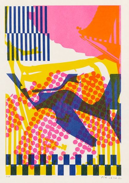 Colorful Collage 2 by PTRVRKD, vertical A3 risograph print with overlapping pink, yellow, orange and blue shapes, dots and stripes, bold abstract wall art for colorful contemporary interiors.