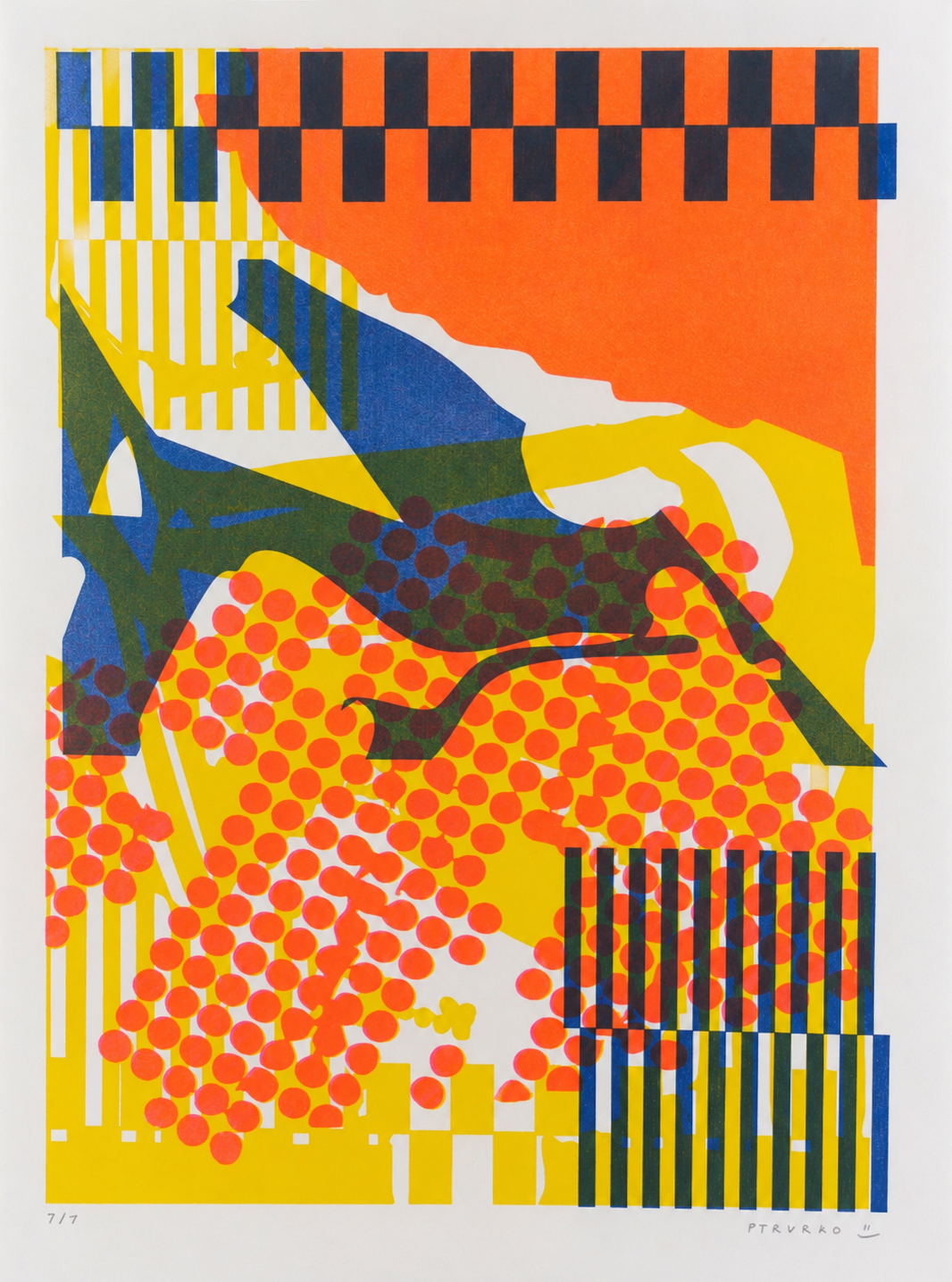 Colorful Collage 3 by PTRVRKD, vertical A3 risograph print with layered orange, yellow, blue and dark green abstract shapes, graphic patterns and bold contemporary color for modern wall decor.