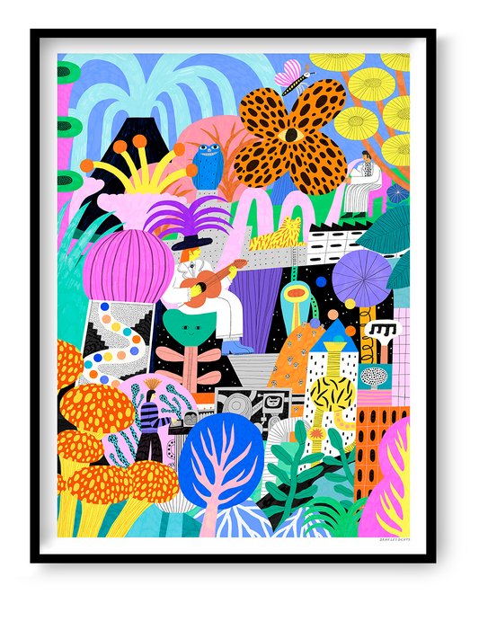 Color The World by Dans les Dents, a colorful vertical illustration featuring oversized flowers, tropical plants, musicians and playful creatures in vibrant pink, blue, orange and green. Whimsical giclée wall art.