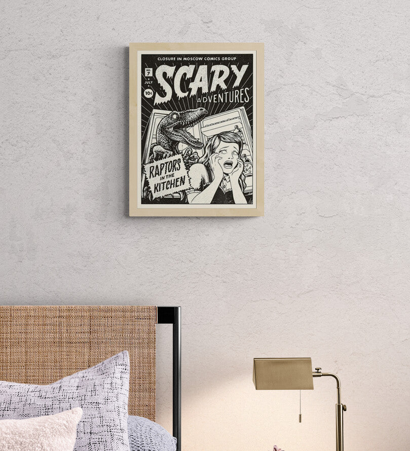 Raptors in the Kitchen by Yeaaah! Studio, 30 x 40 cm black and white retro comic-style art print featuring a screaming woman in front of an open fridge and a dinosaur emerging behind her, inspired by vintage horror comics and originally created for the Australian band Closure in Moscow