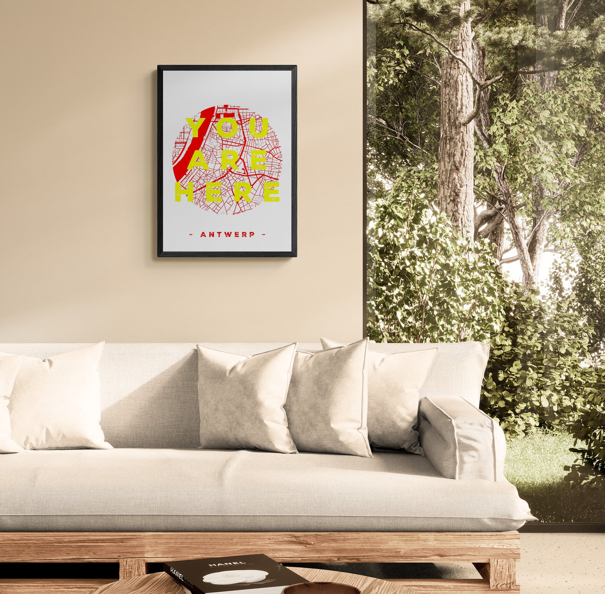 Handmade A3 screen print titled “You Are Here” by De Zeverij, featuring a Red-and-white map of Antwerp with bold yellow typography, modern graphic wall art printed in Belgium for contemporary interiors.