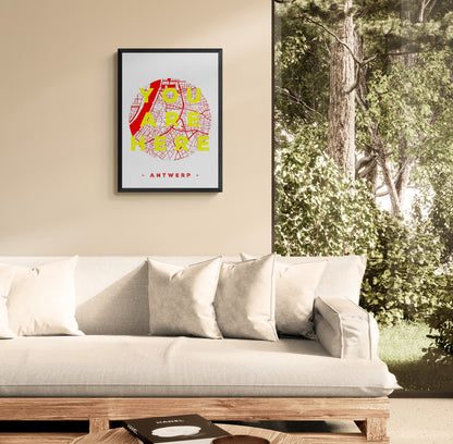 Handmade A3 screen print titled “You Are Here” by De Zeverij, featuring a Red-and-white map of Antwerp with bold yellow typography, modern graphic wall art printed in Belgium for contemporary interiors.