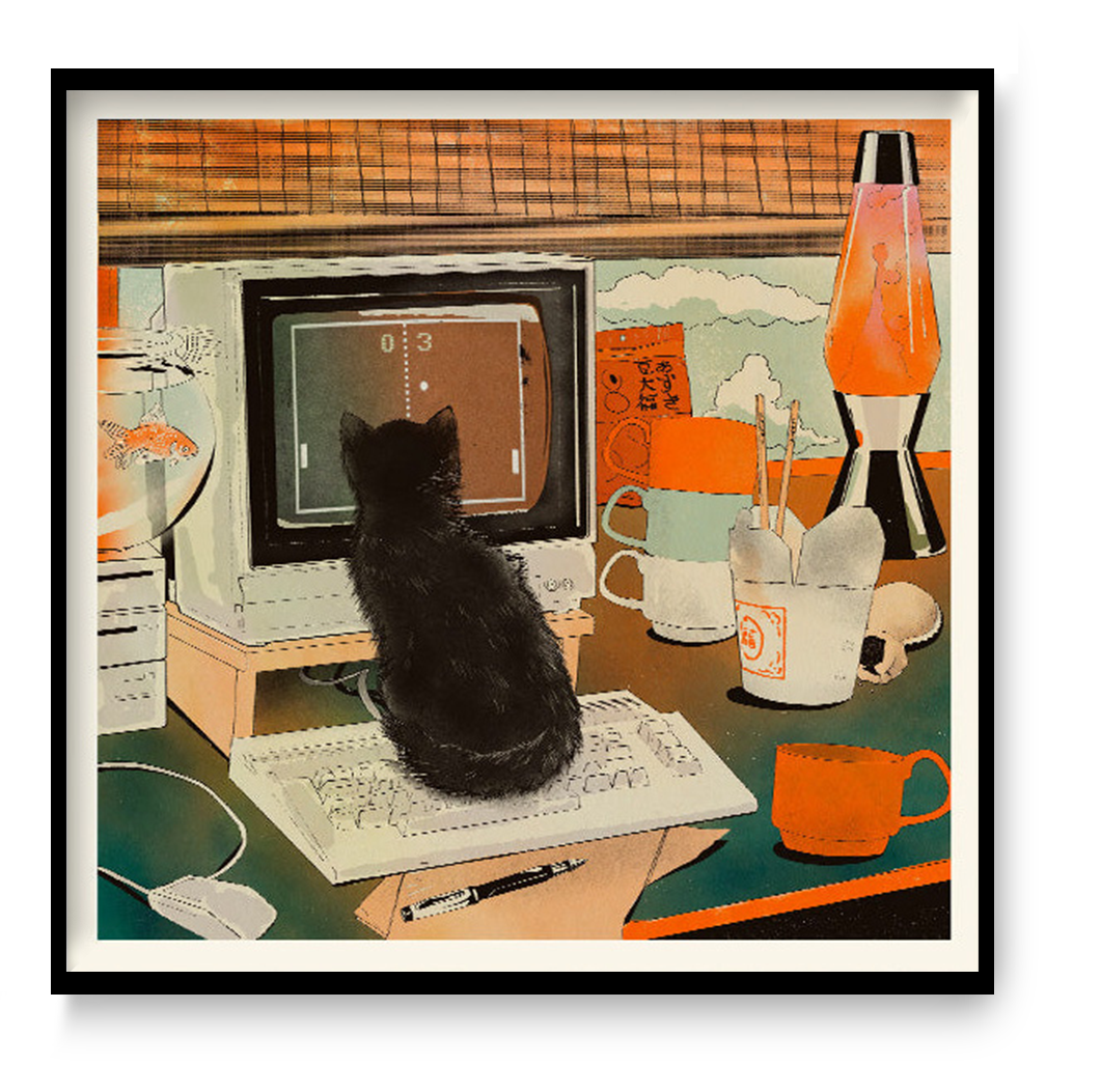 Retro Gaming Cat art print by Enikő Eged, featuring a black cat sitting on a desk in front of a vintage computer game, surrounded by retro home decor, warm orange tones, a lava lamp, coffee cup, and playful nostalgic details.