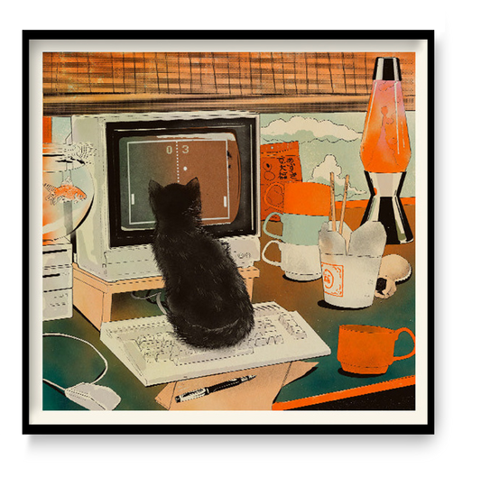 Retro Gaming Cat art print by Enikő Eged, featuring a black cat sitting on a desk in front of a vintage computer game, surrounded by retro home decor, warm orange tones, a lava lamp, coffee cup, and playful nostalgic details.