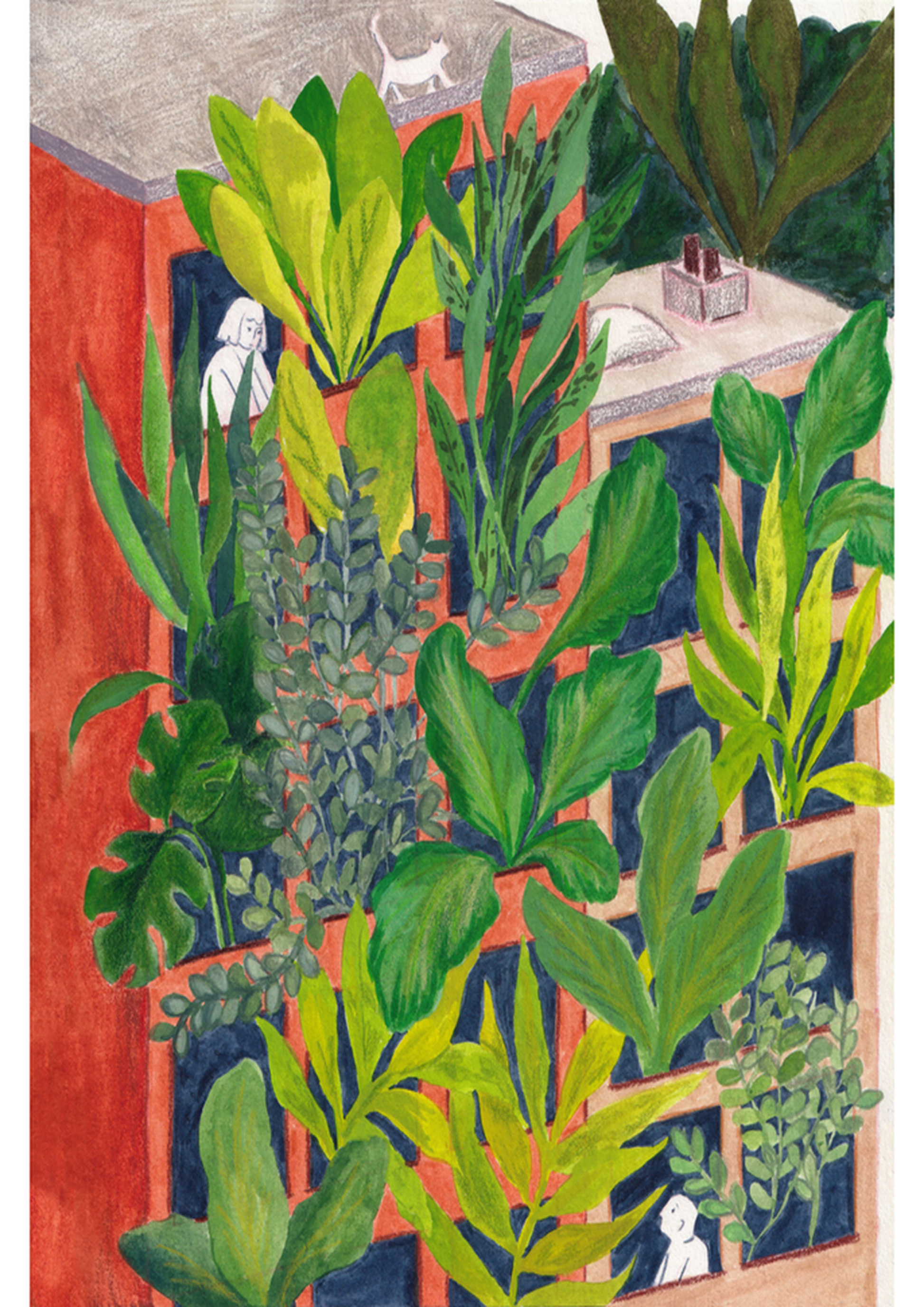 Bloom by Kim Timmermans – botanical illustration of lush green plants surrounding a terracotta building with small white figures at windows, whimsical and vibrant wall art available at Galerie Frits