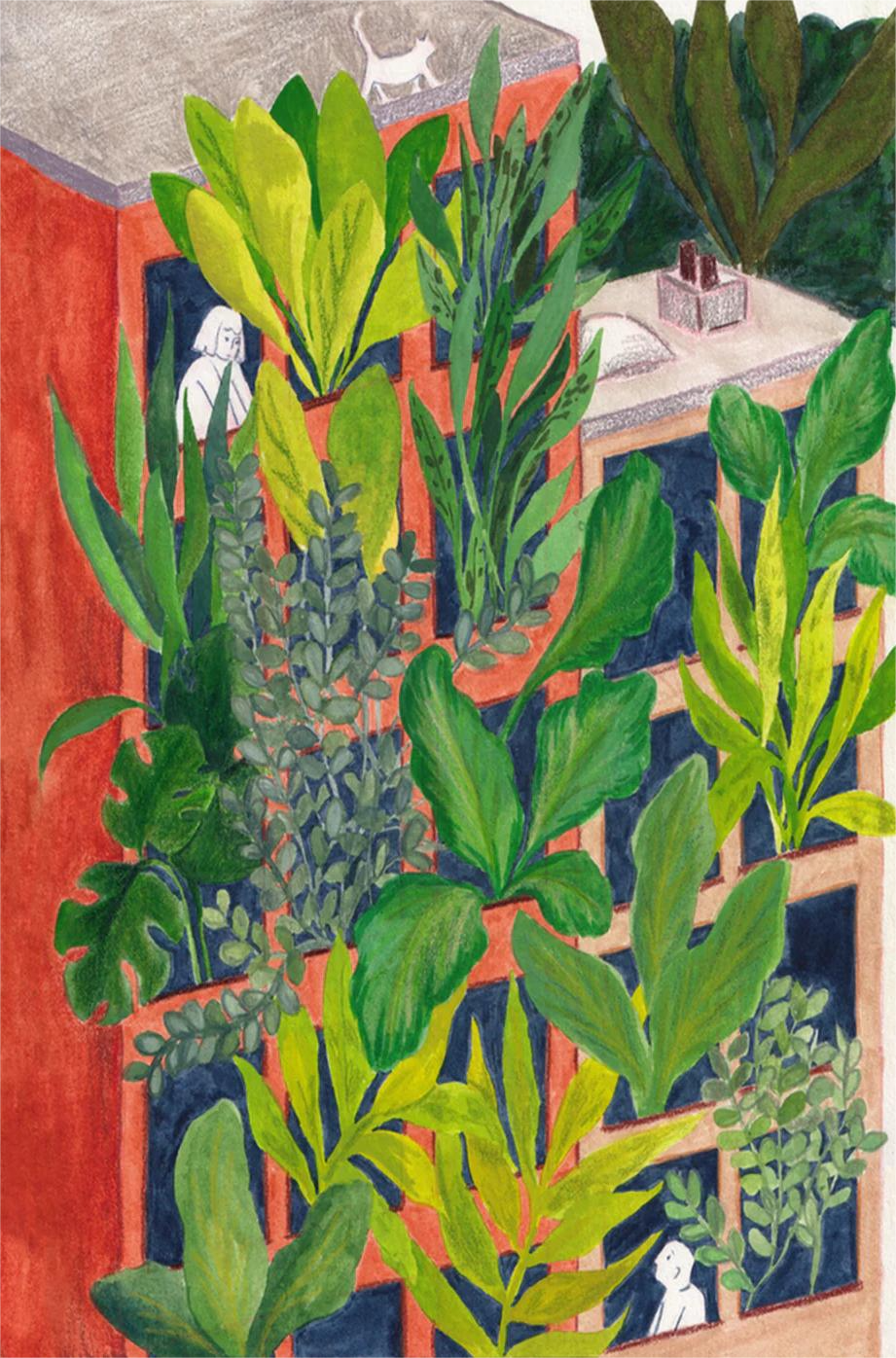 Bloom by Kim Timmermans – botanical illustration of lush green plants surrounding a terracotta building with small white figures at windows, whimsical and vibrant wall art available at Galerie Frits