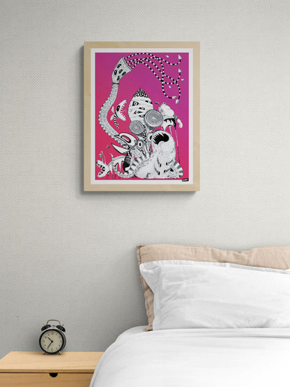 Monster Party by Gert Paenen, surreal black and white monster illustration on a bright pink background featuring strange creatures, abstract faces, tentacles, and playful contemporary graphic art.