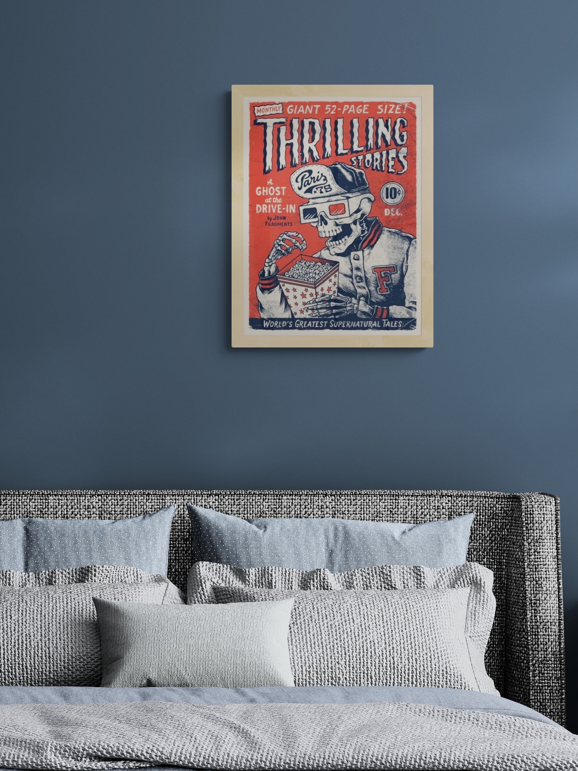 Retro horror comic style art print featuring a skeleton wearing 3D glasses eating popcorn, illustrated in bold red and blue vintage pulp magazine style, 30 x 40 cm wall art for cinema lovers and pop culture interiors