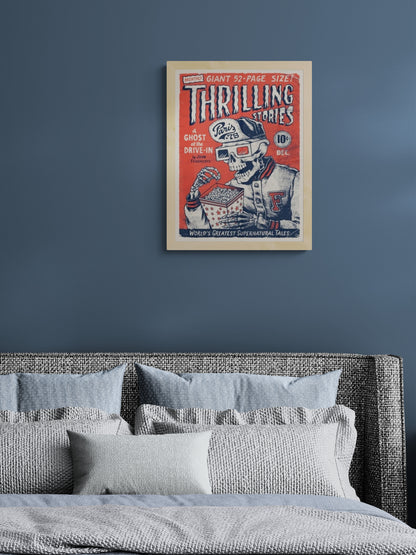 Retro horror comic style art print featuring a skeleton wearing 3D glasses eating popcorn, illustrated in bold red and blue vintage pulp magazine style, 30 x 40 cm wall art for cinema lovers and pop culture interiors