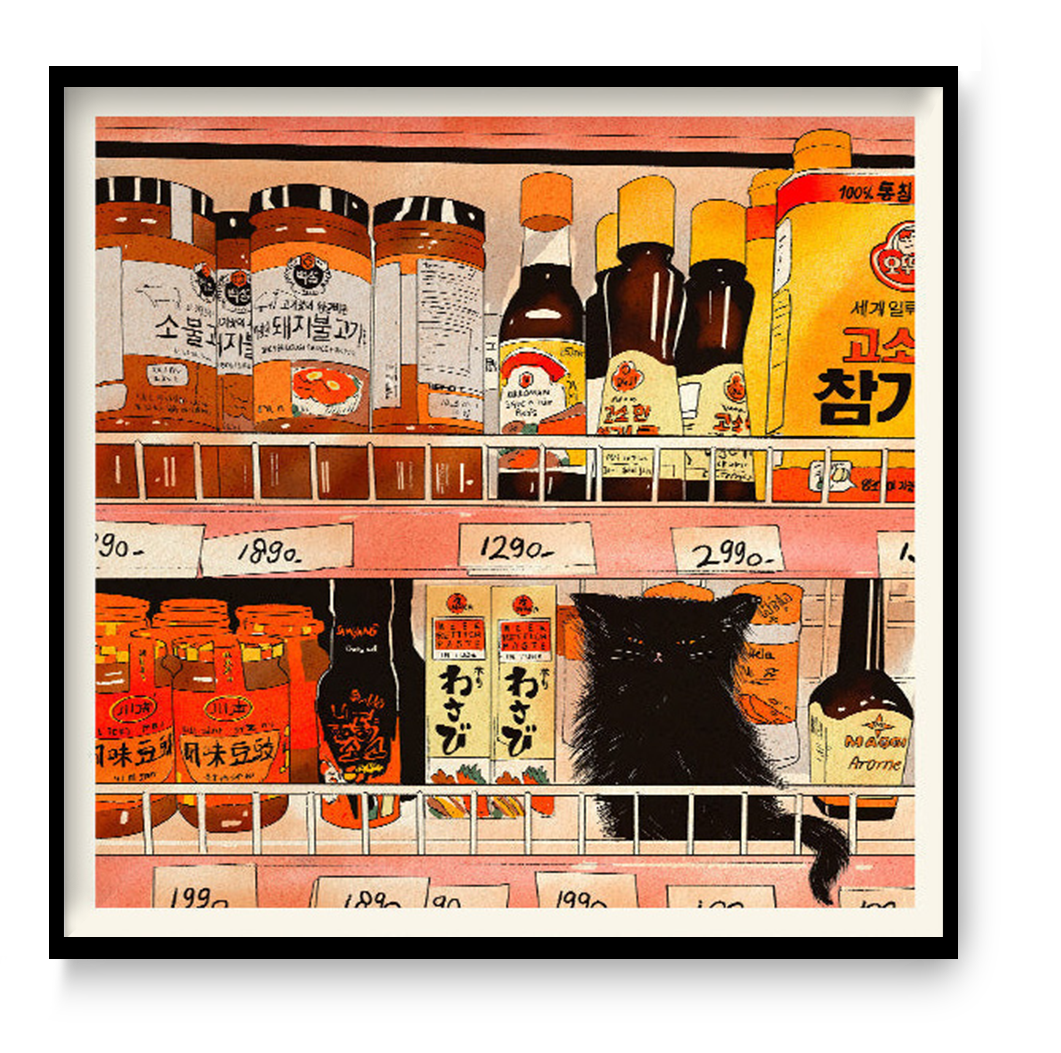 Archival giclée art print by Enikő Eged showing a black cat looking at Japanese grocery shelves filled with colorful sauces, jars, and food packaging.