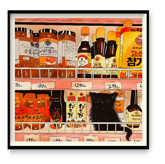 Archival giclée art print by Enikő Eged showing a black cat looking at Japanese grocery shelves filled with colorful sauces, jars, and food packaging.
