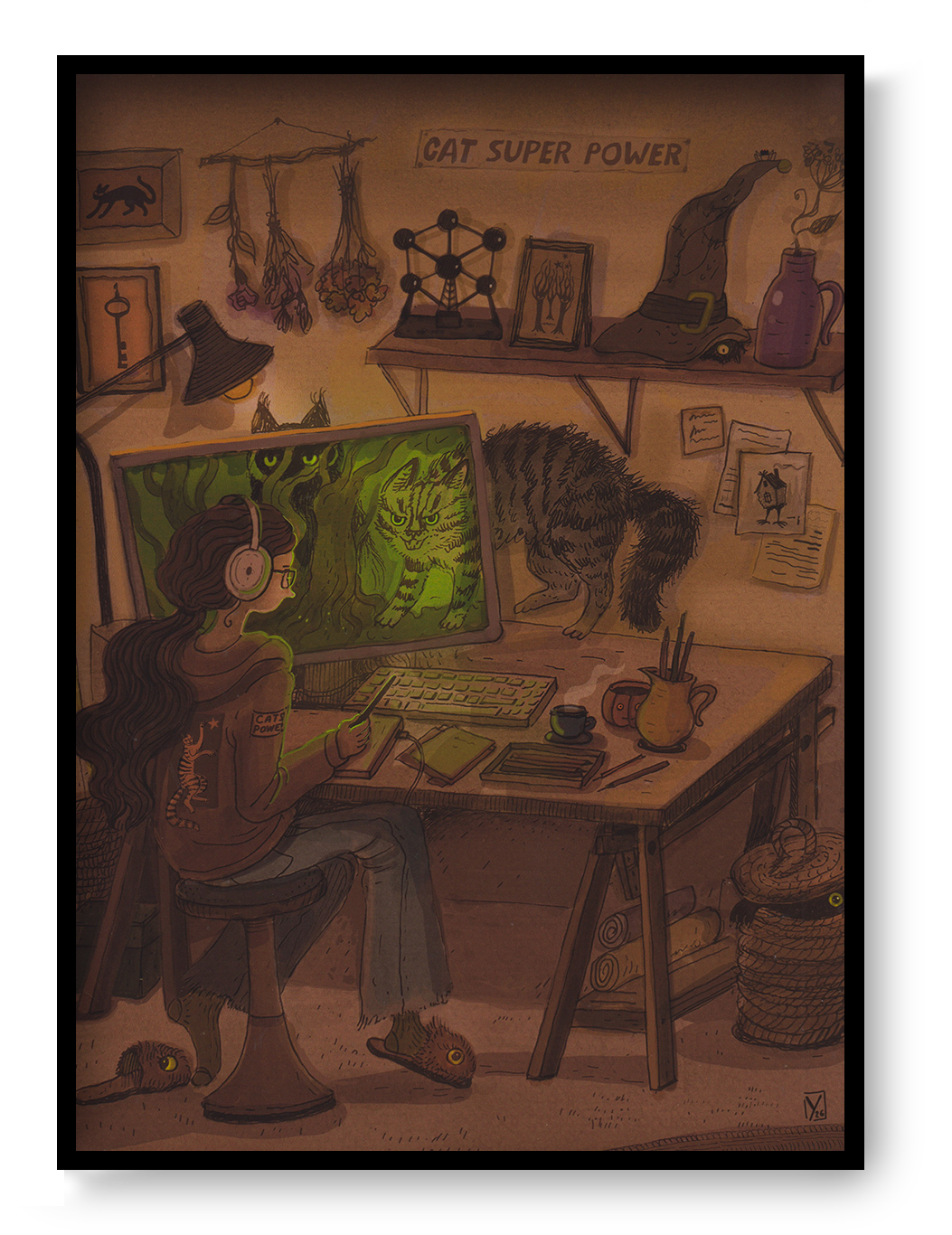 Whimsical Cyber Cats art print by Lena Yampolski featuring a creative workspace, magical cats, computer screen, warm earthy tones, fantasy illustration style, vertical giclée wall art for home office decor.
