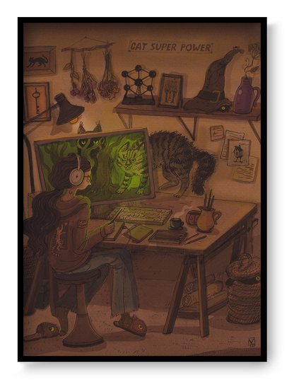 Whimsical Cyber Cats art print by Lena Yampolski featuring a creative workspace, magical cats, computer screen, warm earthy tones, fantasy illustration style, vertical giclée wall art for home office decor.