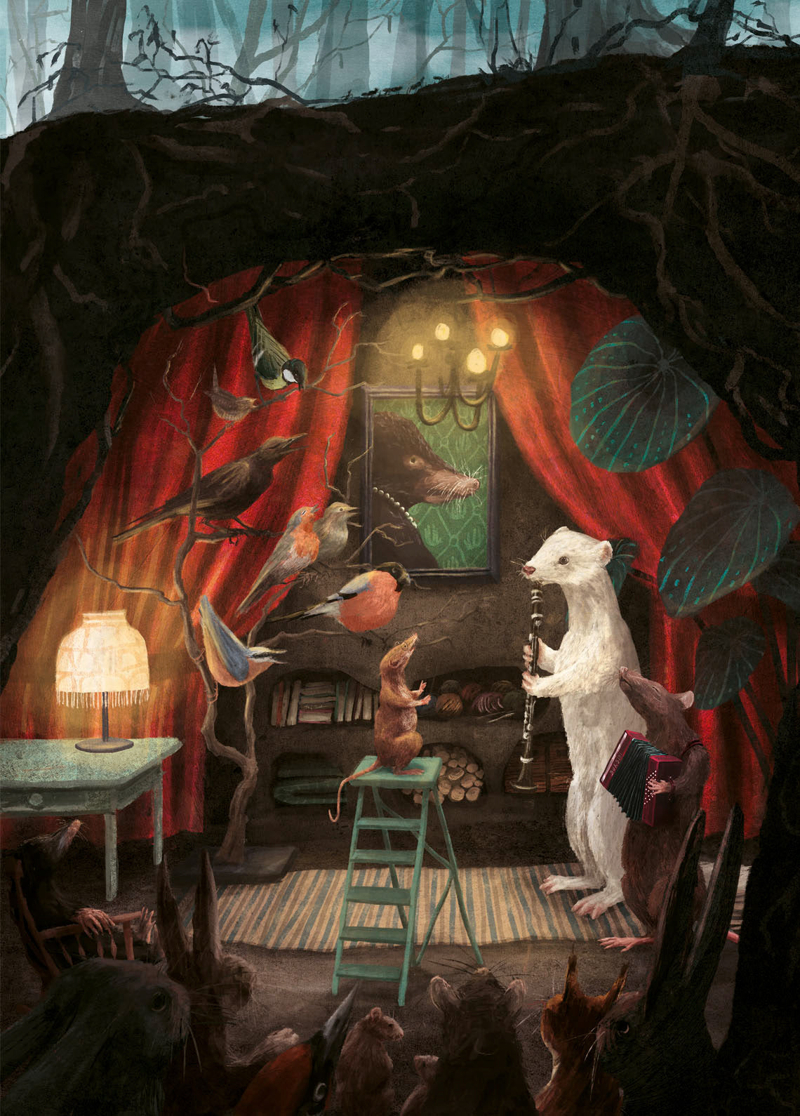 Illustration of an underground woodland concert in winter by Stien van Kerckhoven — animals like mice, birds, and a white weasel play music under red curtains and warm light, creating a cozy, magical forest atmosphere. Perfect for lovers of nature-inspired and whimsical wall art.