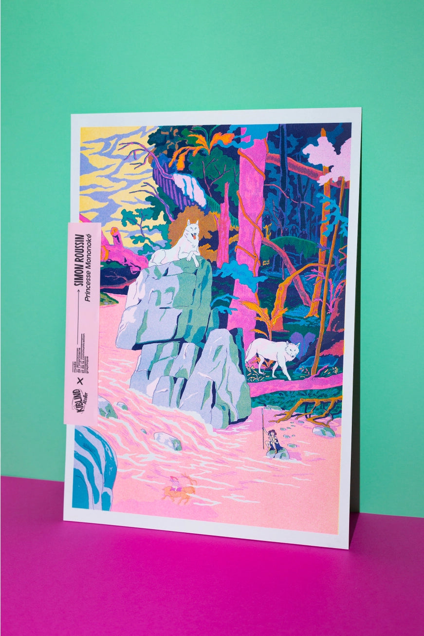 Art print inspired by "Princess Mononoke", featuring a vibrant fantasy landscape with white wolves on rocky cliffs, a pink flowing river, and a lush enchanted forest. A modern, magical artwork perfect for anime fans, pop art collectors, and imaginative interior decor.