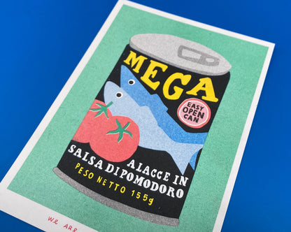 Colorful risograph print titled Can Mega Sardines by Dutch studio We Are Out Of Office, featuring a vintage-style sardine can design with tomatoes and bold typography, printed with eco-friendly soy inks on Biotop 300g paper — perfect for modern kitchen or pop art lovers.