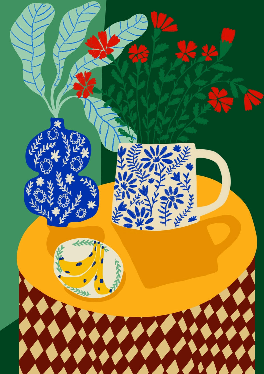 Colourful vertical giclée print by Teresa Rego featuring red carnations, blue patterned porcelain and green foliage in a bold contemporary still life for vibrant home decor.