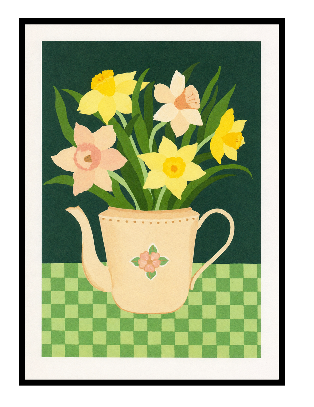 Botanical art print “Daffodils” by Leens featuring bright yellow daffodil flowers in a blue striped teapot on a pink table. Warm floral wall art with vintage colours for cozy kitchen and Scandinavian-style interiors.