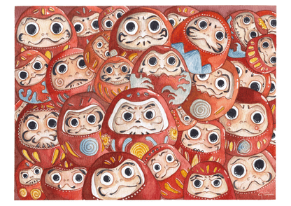 Watercolor illustration of multiple red Daruma dolls with expressive faces and hand-painted details, A3 art print by Giu, contemporary Japanese-inspired wall art for modern home decor.