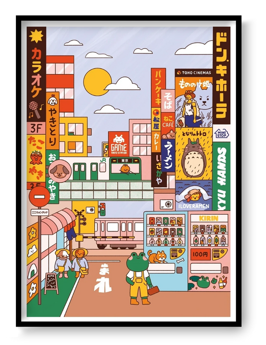 Day in Tokyo by Niniwanted, colorful A4 digital art print featuring a playful Japanese street scene with kawaii animals, ramen signs, trains, and vending machines in a pastel cartoon style.