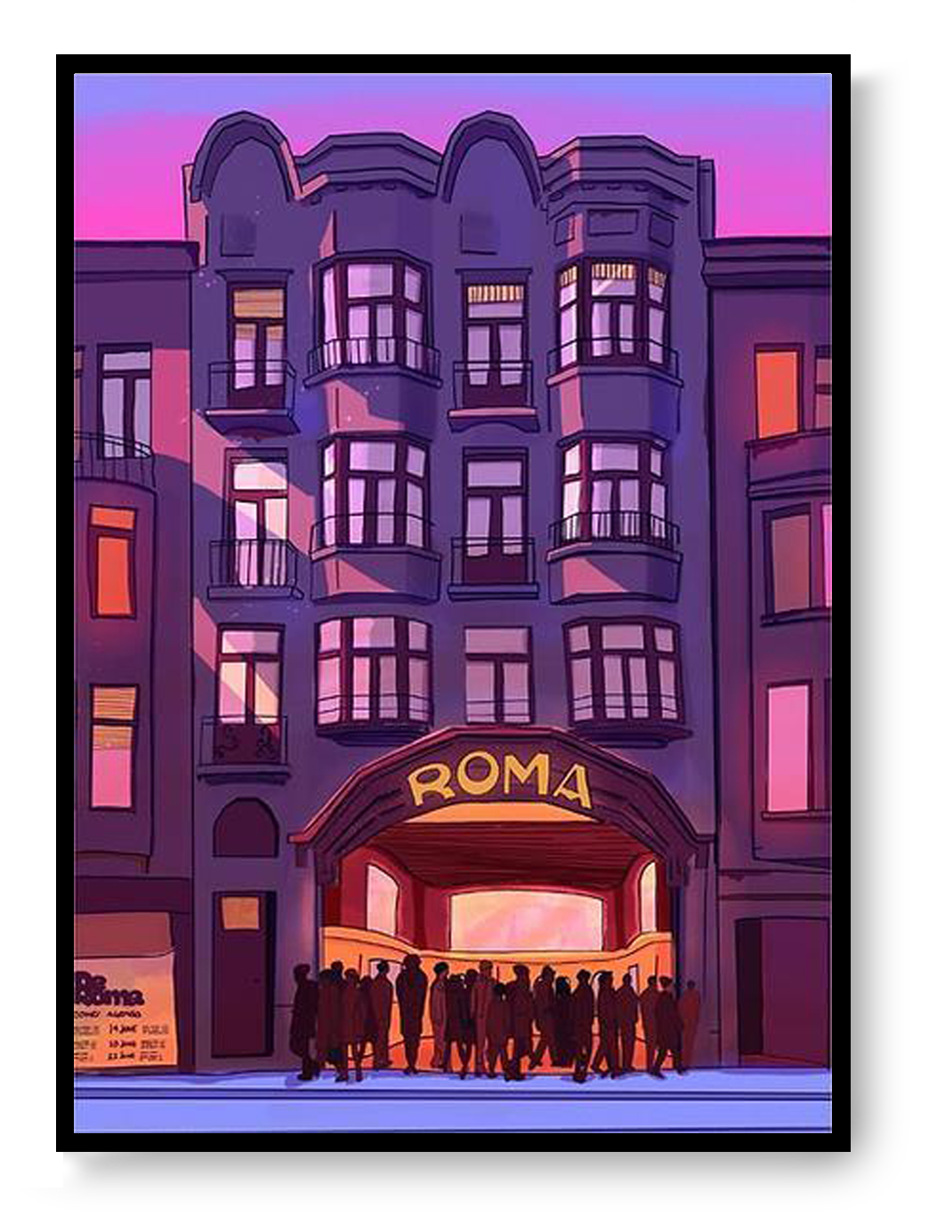 A4 art print “De Roma” by Valeria Maggiani, illustrated view of Antwerp’s De Roma concert hall at dusk, warm architectural wall art.