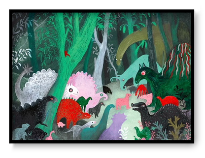 Whimsical dinosaur illustration art print by Louise de Meester showing colorful prehistoric animals in a dense jungle landscape with textured painterly style.